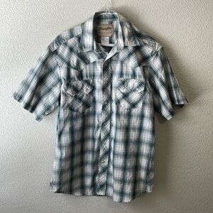 Rustler by Wrangler Mens medium Short Sleeve Shirt Blue Plaid Pearl Snap Western